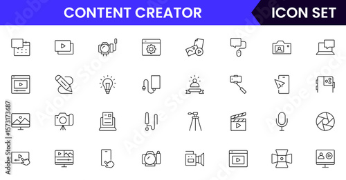 Content creator vector web line icon collection, sleek illustrations of cameras, pens, laptops, creative tools for vibrant, innovative designs.