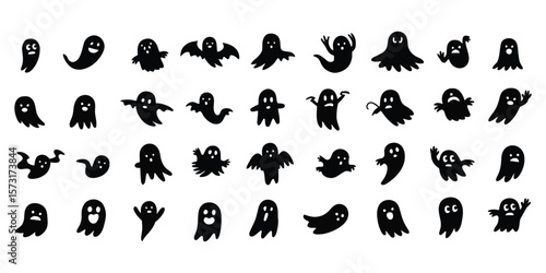 Simple ghostly monster icons, Halloween doodle collection of spooky and cute characters for creative use

