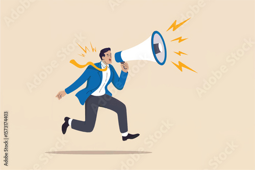 Energetic businessman in a blue suit and yellow tie running and shouting loudly into a white megaphone with yellow lightning bolts emanating from it isolated on transparent background