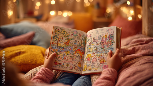 A child reads a colorful storybook in a cozy and warm bed setting.