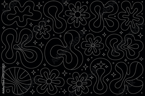 Abstract organic shapes and floral motifs creating a decorative pattern with dotted lines on a dark background