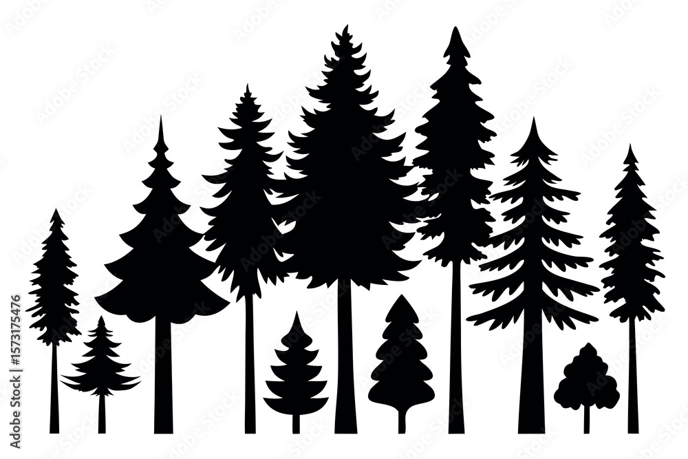 Obraz premium Evergreen Pine Tree Silhouettes – Black Vector Forest Trees Collection Isolated on White Background