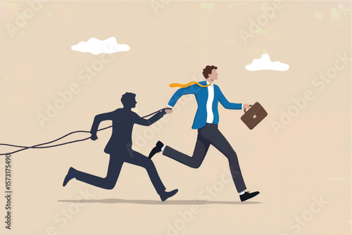 Business man running forward holding briefcase while his shadow is tethered behind him on transparent background isolated on transparent background