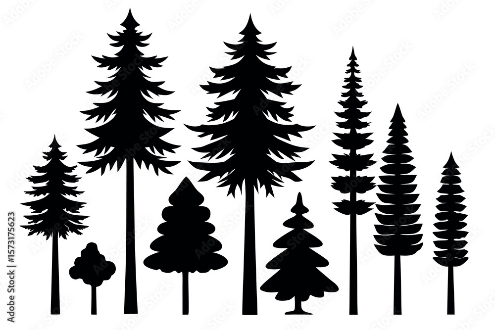 Fototapeta premium Evergreen Pine Tree Silhouettes – Black Vector Forest Trees Collection Isolated on White Background