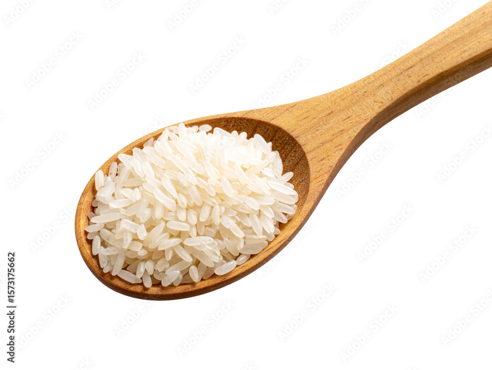 Side View Wooden Spoon Overflowing with Uncooked Rice Grains Side View Wooden Spoon Overflowing with Uncooked Rice Grains