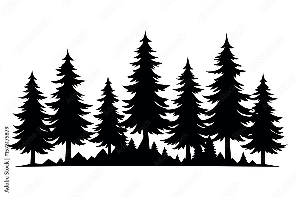 Obraz premium Pine Tree Silhouette Vector Set – Isolated Black Pine Trees on White Background