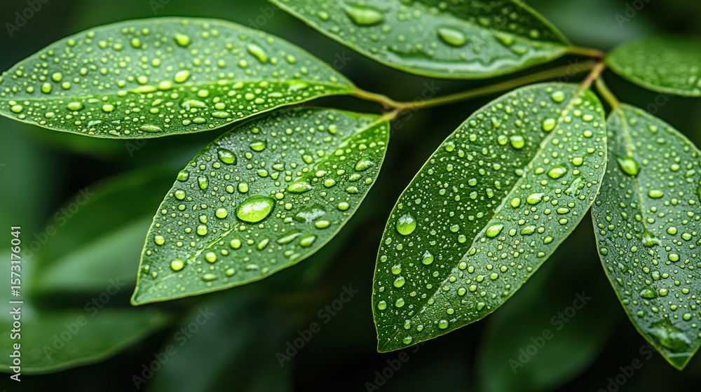 Fototapeta premium Close-up of vibrant green leaves, covered in glistening water droplets (1)