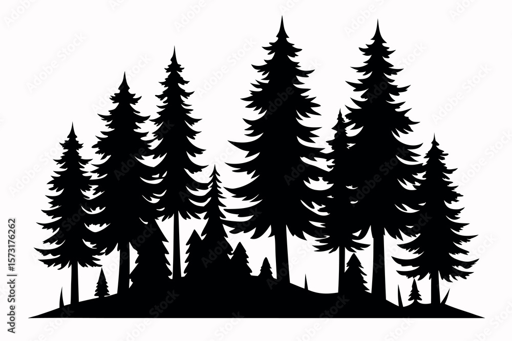Obraz premium Evergreen Tree Silhouettes – Forest Landscape Vector with Pine, Fir, and Spruce Trees