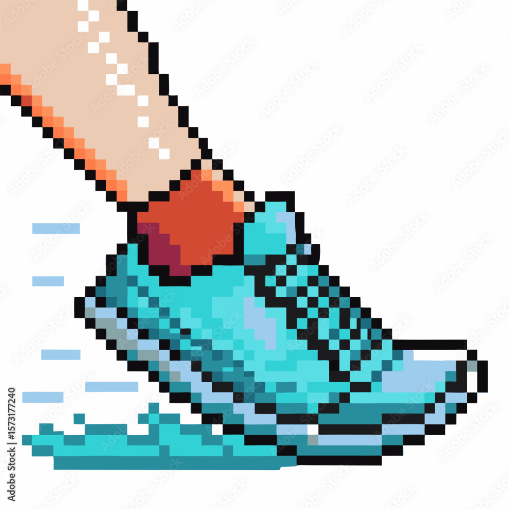 Obraz premium Pixel art running shoe in motion athletic sneaker, dynamic movement, blue trainers, fitness and exercise concept