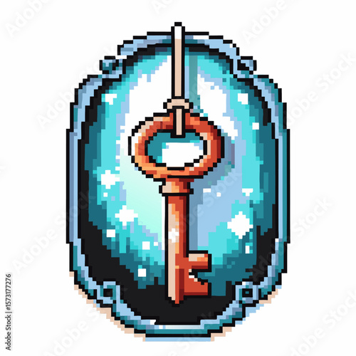Pixel art golden key on blue gemmed shield, retro fantasy video game asset, magic symbol, vintage adventure quest icon