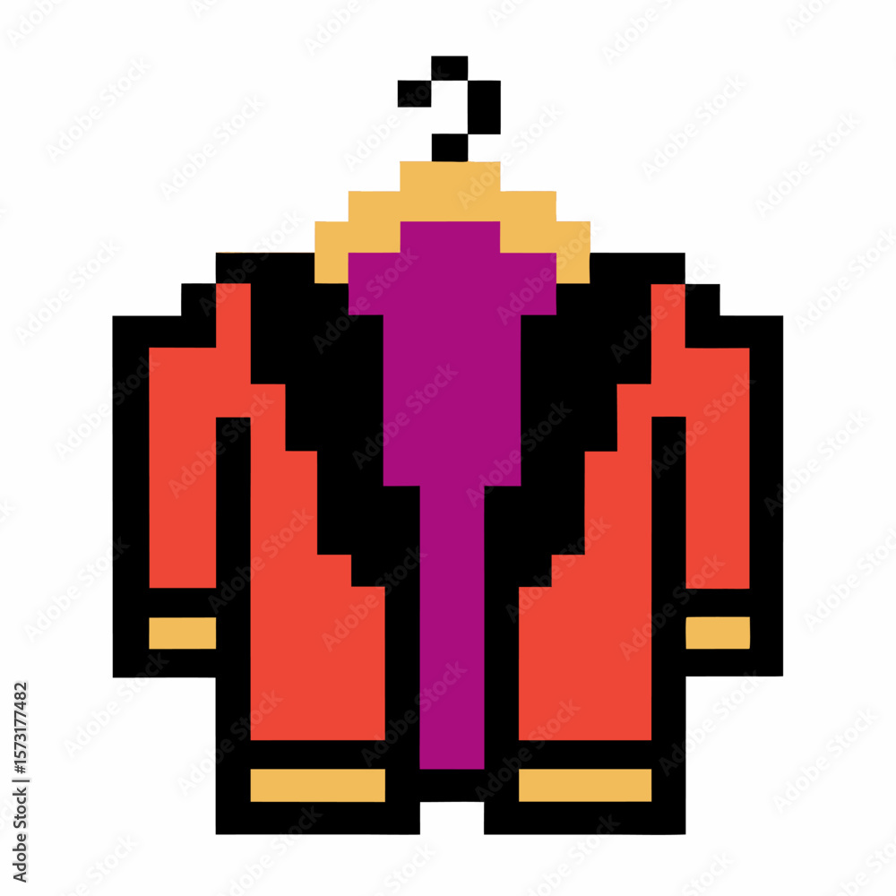 Obraz premium Retro pixel art red coat with purple scarf on hanger nostalgic 8 bit outerwear fashion, digital vintage clothing