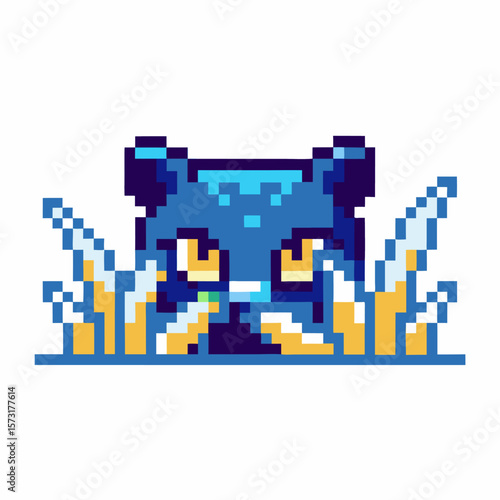 Pixel art blue panther hiding in tall grass, fierce animal eyes, retro video game, wildlife mascot, camouflage, alert