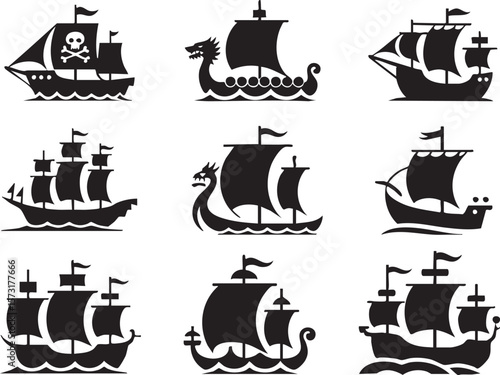 Black Silhouette Collection Of Pirate Viking And Merchant Ships Nautical Vessels Sailing The Seas