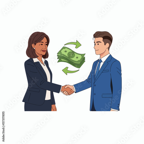 A businessman and a businesswoman in suits shaking hands with an icon of money and arrows symbolizing a financial transaction