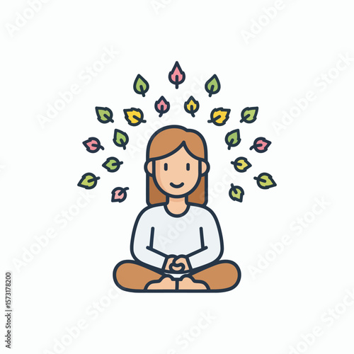 A cartoon woman meditating with colorful leaves floating around her head