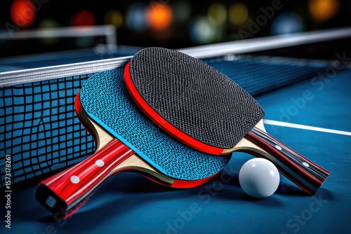Ping pong paddles and ball resting on a vibrant table, ready for an exciting game in an indoor arena