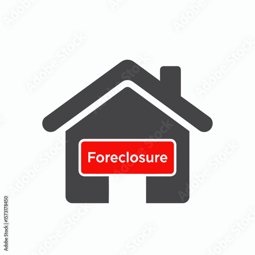 A dark grey house icon with a red Foreclosure sign in front of it on a white background