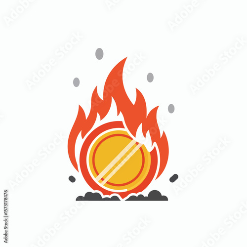 A gold coin with a diagonal slash burning in orange flames on a bed of dark grey ash