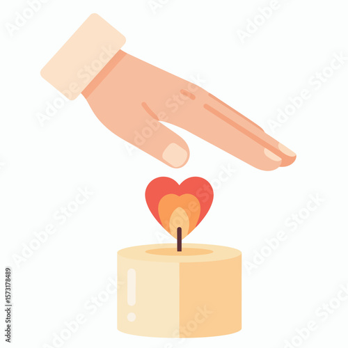 A hand held over a lit candle with a heartshaped flame