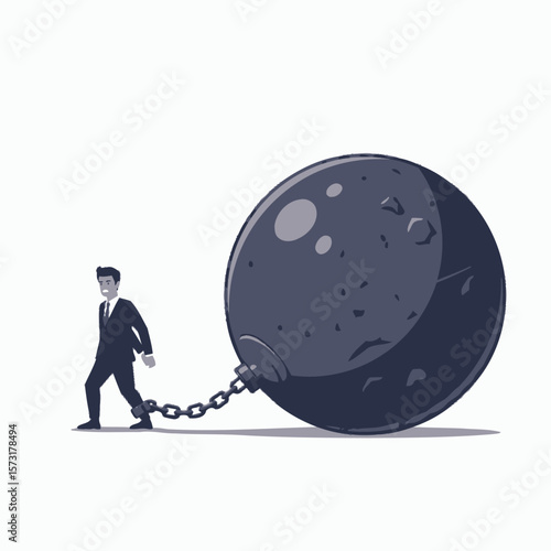 A man in a business suit strains to walk while shackled to a massive ball and chain