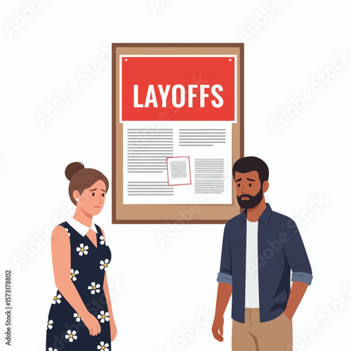 A sad man and woman standing in front of a bulletin board announcing layoffs