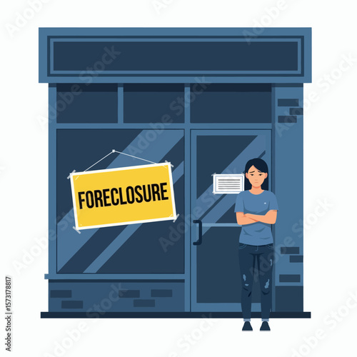 A sad person stands outside a foreclosed business with a FORECLOSURE sign on the window