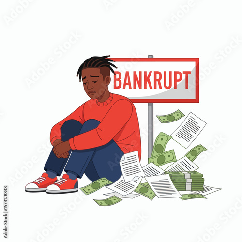 A sad young Black man sitting on the ground next to a BANKRUPT sign surrounded by cash and bills