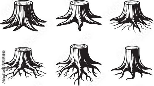 Six Black And White Tree Stump Illustrations On White Background