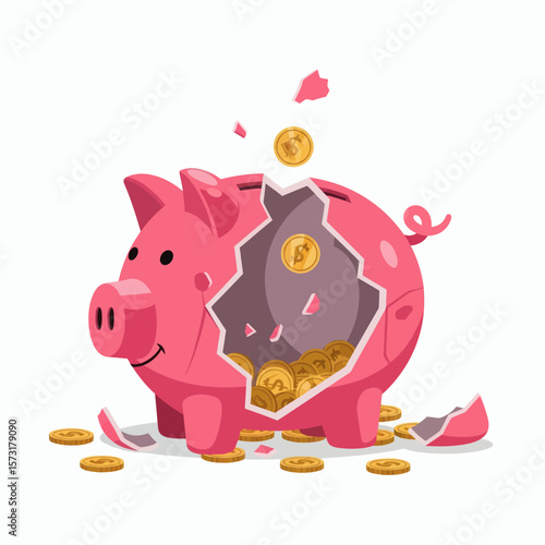 A smiling pink piggy bank broken open with gold dollar coins inside and spilled on the ground