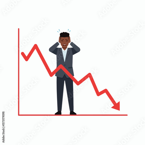 A stressed Black businessman clutches his head in front of a red downwardtrending line graph