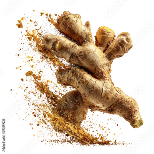 Fresh Ginger Root with Powder and Dirt on White Background