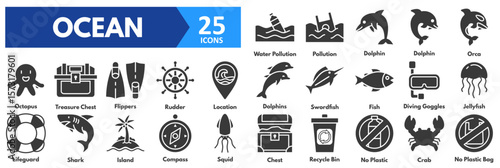 Ocean icon set. with icons of water pollution, pollution, dolphin, orca, octopus, treasure chest, flippers, rudder, location, dolphins, swordfish, fish, diving goggles, jellyfish, lifeguard, shark, 