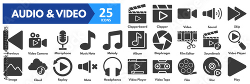 Audio and Video icon set. with icons of video player, tape, film, disc, play, clapperboard, clapper, video, sound, skip, previous, camera, microphone, music note, melody, album, diaphragm 