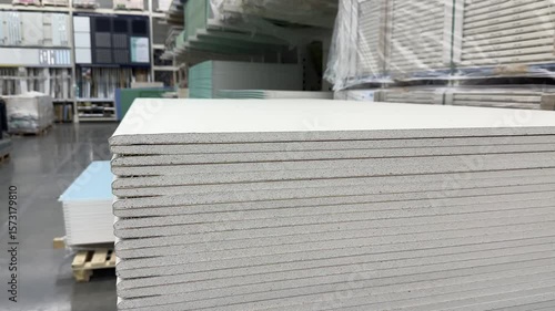 a stack of drywall sheets in a hardware store. sale of building materials for repairs.