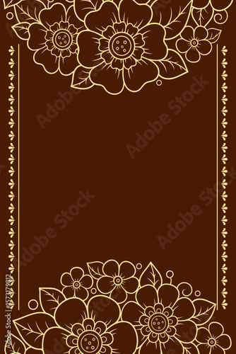 Frame in eastern tradition. Stylized with henna tattoos decorative pattern for decorating covers for book, notebook, casket, magazine, postcard and folder. Flower border in mehndi style.