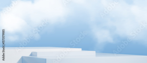 Soft cloud background with white platform steps and blue geometric blocks. Minimal sky scene with clean architectural elements on dreamy backdrop for product display or modern presentation design.