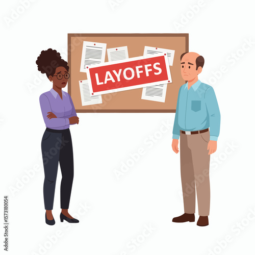 Concerned colleagues stand before a corkboard with a layoffs sign