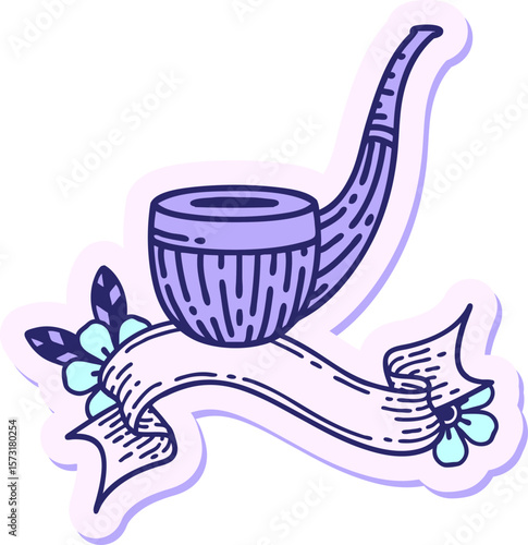 tattoo style sticker with banner of a smokers pipe in bright neon color