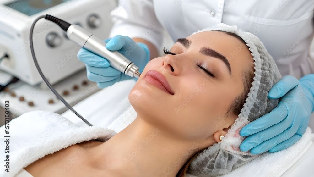 Fototapeta premium Woman receiving a facial treatment from a professional aesthetician using a microdermabrasion device in a spa setting.