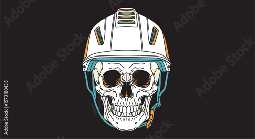 A Stylized Skull Wearing a White Construction Hard Hat with Blue and Orange Accents on a Black Background