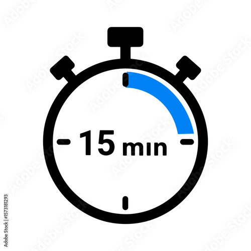 15 Minutes Timer Icon, Modern Flat Design. Clock, Stopwatch, Chronometer Showing Fifteen Minutes Label. Cooking time, Countdown Indication