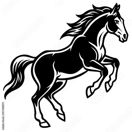 Powerful black horse rearing up in a dynamic silhouette