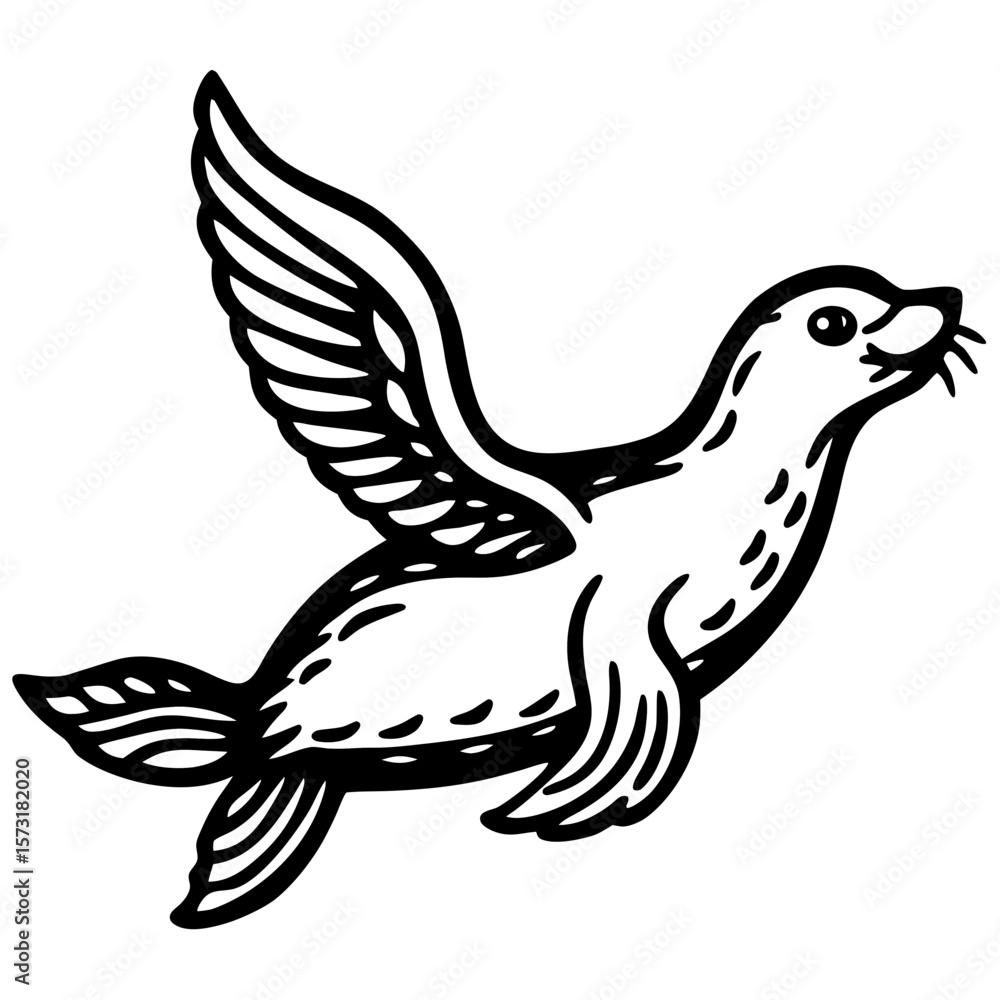 Fototapeta premium Whimsical seal with wings flying gracefully through the air silhouette