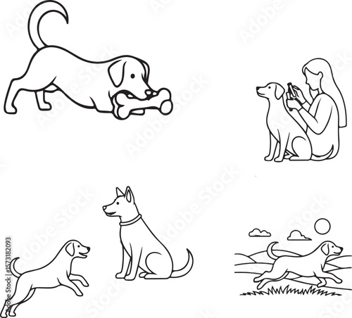 Dogs Day vector illustration with cute dog and bone, dog playing on grass, girl hugging dog, love and pet care theme, animal friendship, adorable dog sketch for pet lovers, celebration design.