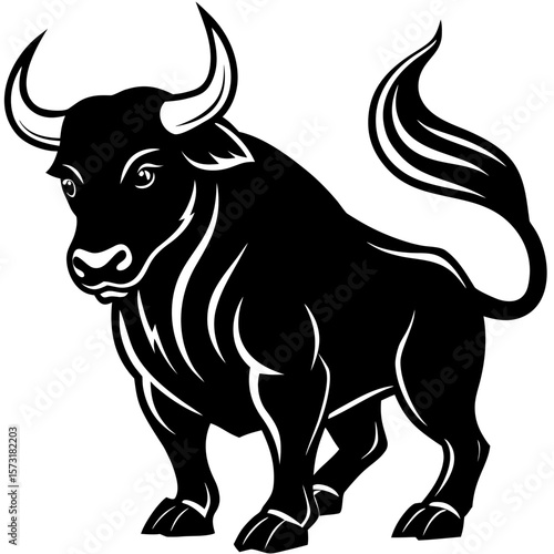 Powerful black bull standing firmly with detailed mane silhouette