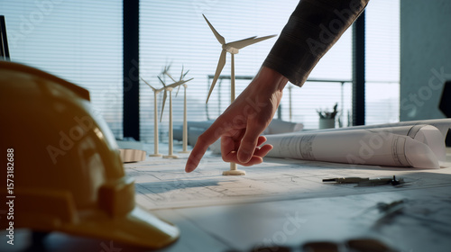 Close-up of a male engineer’s hand in a suit working on a wind power plant blueprint against the background of wind turbine models.