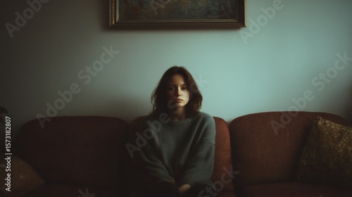 Une femme seule dépressive sur son canapé, elle a le regard vide et triste