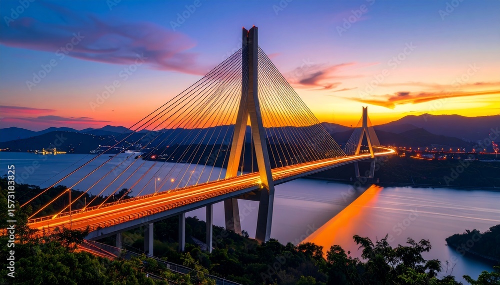 Obraz premium Sunset Symphony: A Cable-Stayed Bridge Illuminated at Dusk