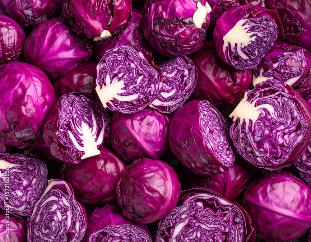Obraz premium Flatlay closeup of fresh cut red cabbage heads as background.