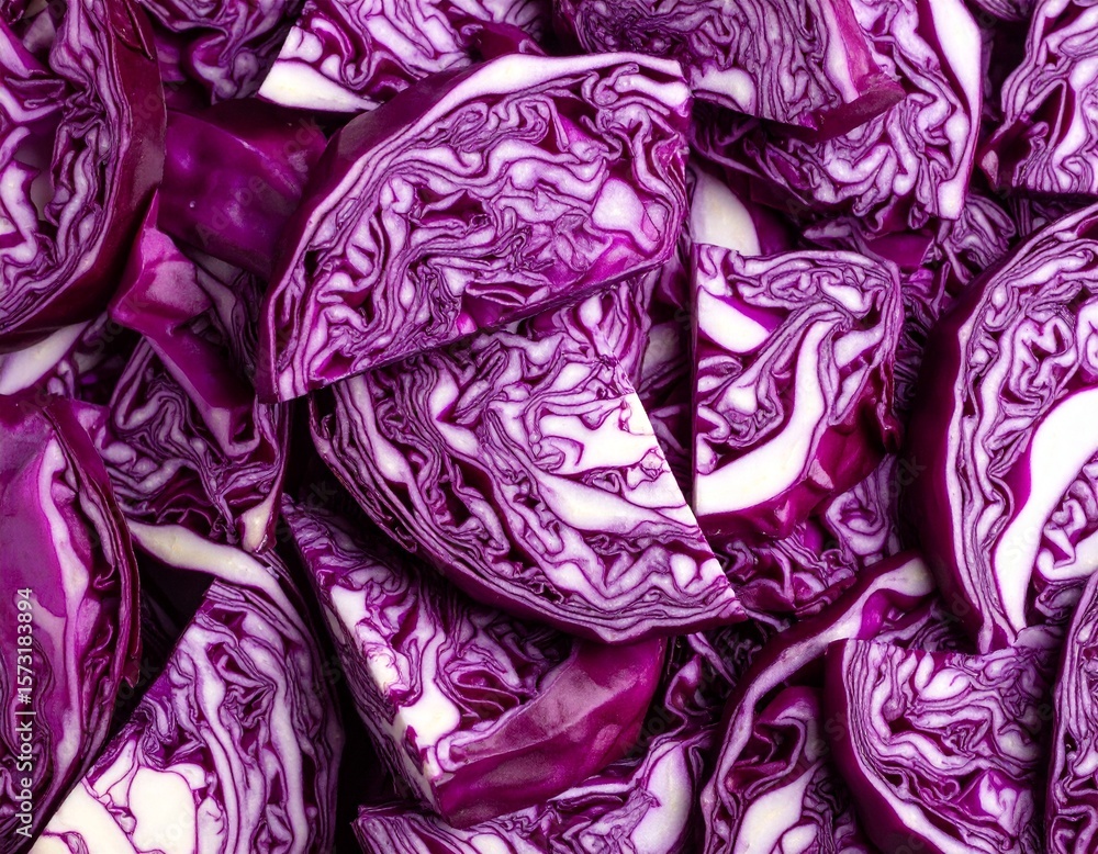 Obraz premium Flatlay closeup of fresh cut red cabbage heads as background.